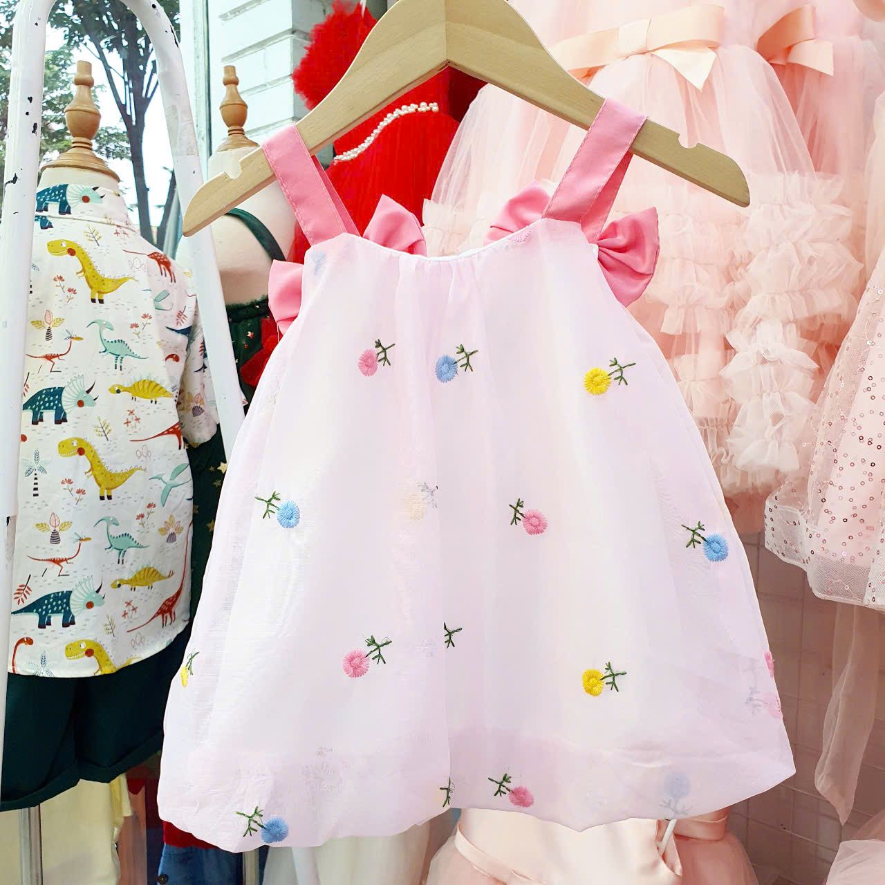 Đầm bí thêu hoa kết nơ xinh xắn cho bé gái từ 6 tháng đến 3 tuổi D14 _ Beekids
