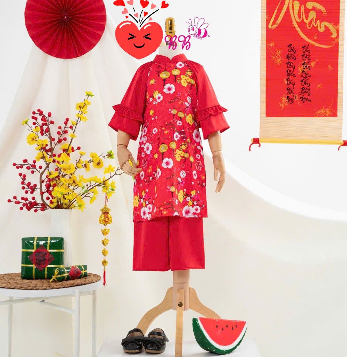 Bộ áo dài cho bé gái diện tết họa tiết hoa xinh xắn AD08 _ Beekids