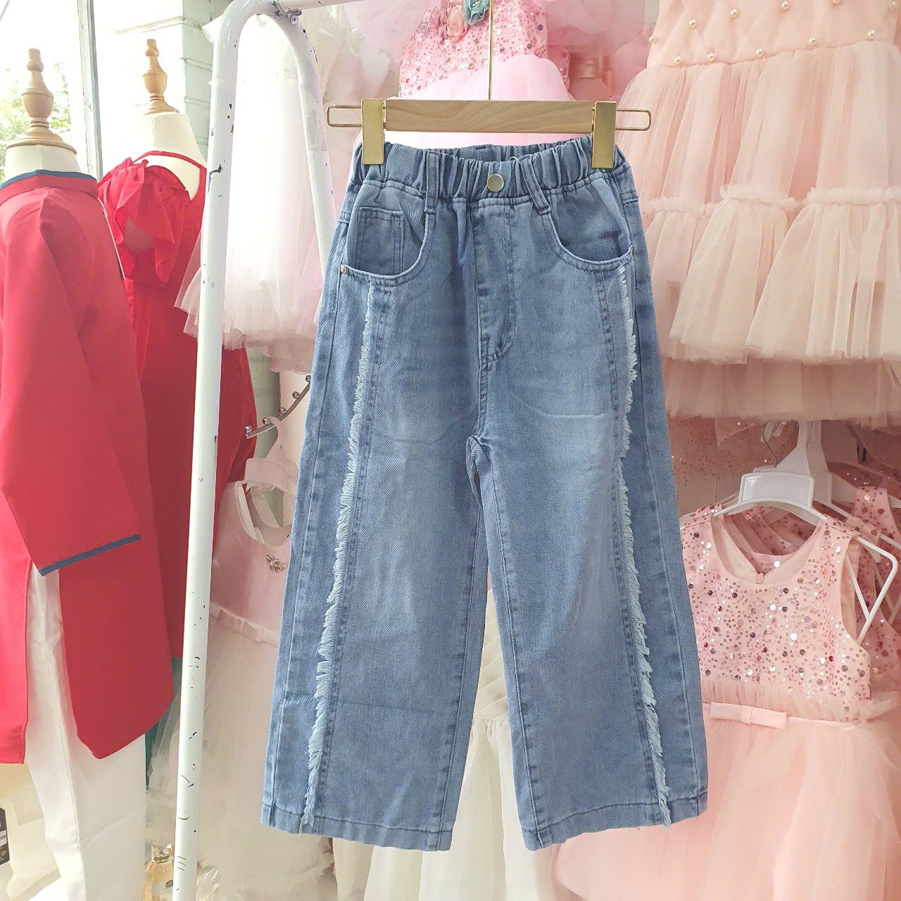 Quần jean dài ống suông cho bé gái tua rua chất jean co giãn mềm mại Q09 _ Beekids