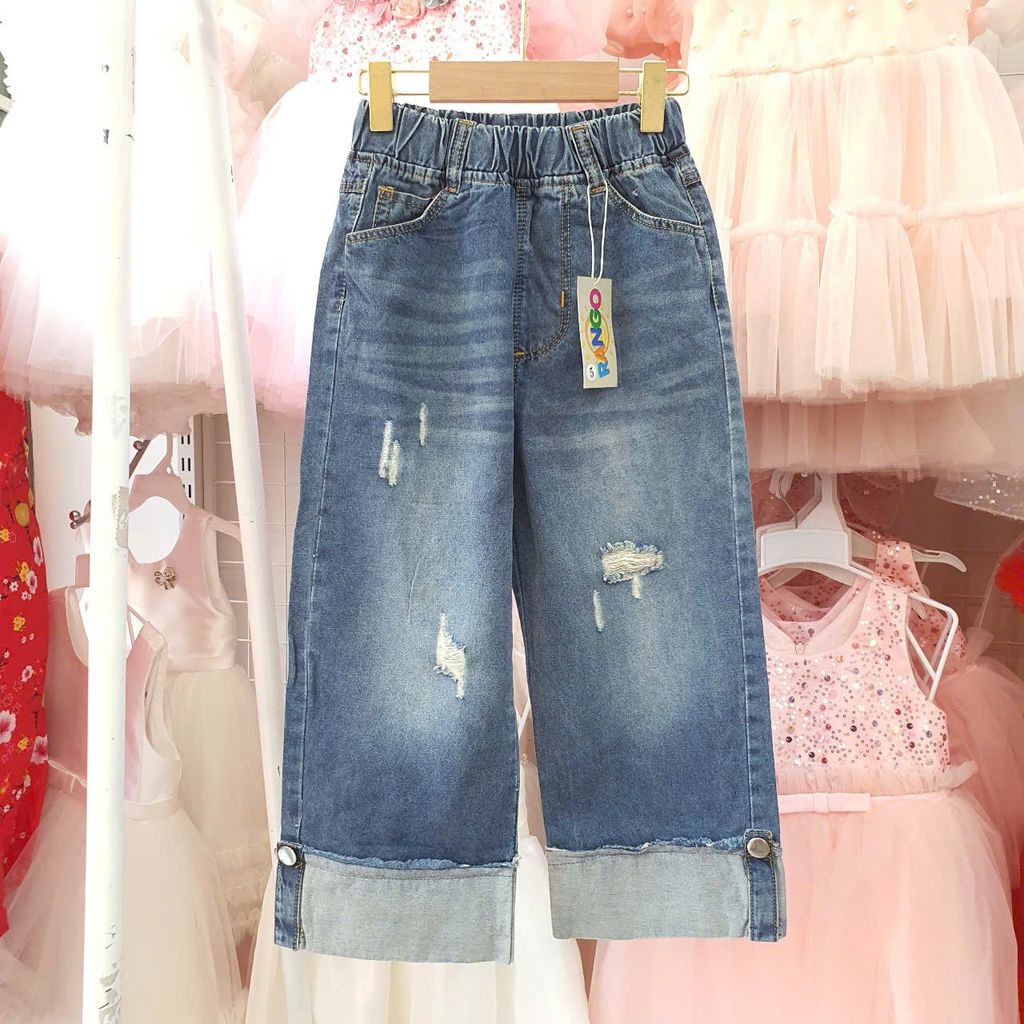 Quần jean dài ống suông cho bé gái gập gấu wax rách sành điệu Q10 _ Beekids