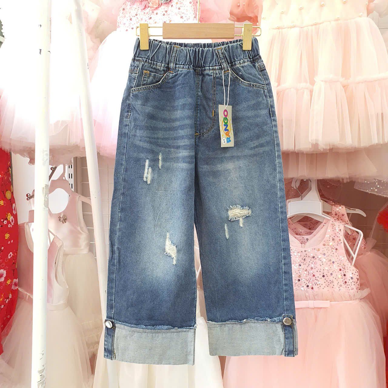 Quần jean dài ống suông cho bé gái gập gấu wax rách sành điệu Q10 _ Beekids