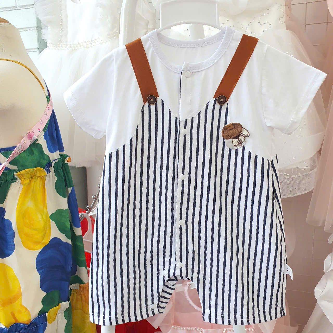 Bộ bodysuit cho bé trai và bé gái sọc kẻ họa tiết gấu dễ thương S32 _ Beekids