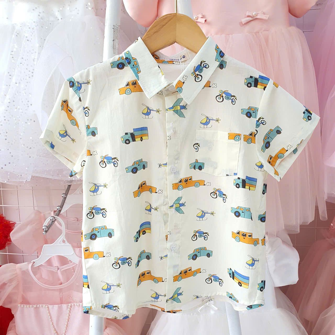 Set bộ bé trai áo sơ mi họa tiết ô tô máy bay S34 _ Beekids