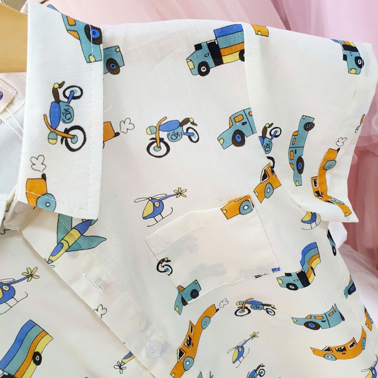 Set bộ bé trai áo sơ mi họa tiết ô tô máy bay S34 _ Beekids