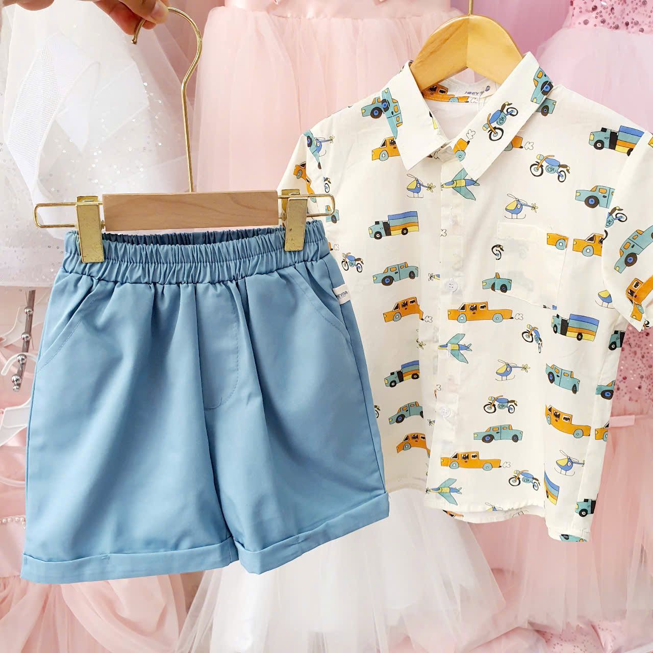 Set bộ bé trai áo sơ mi họa tiết ô tô máy bay S34 _ Beekids