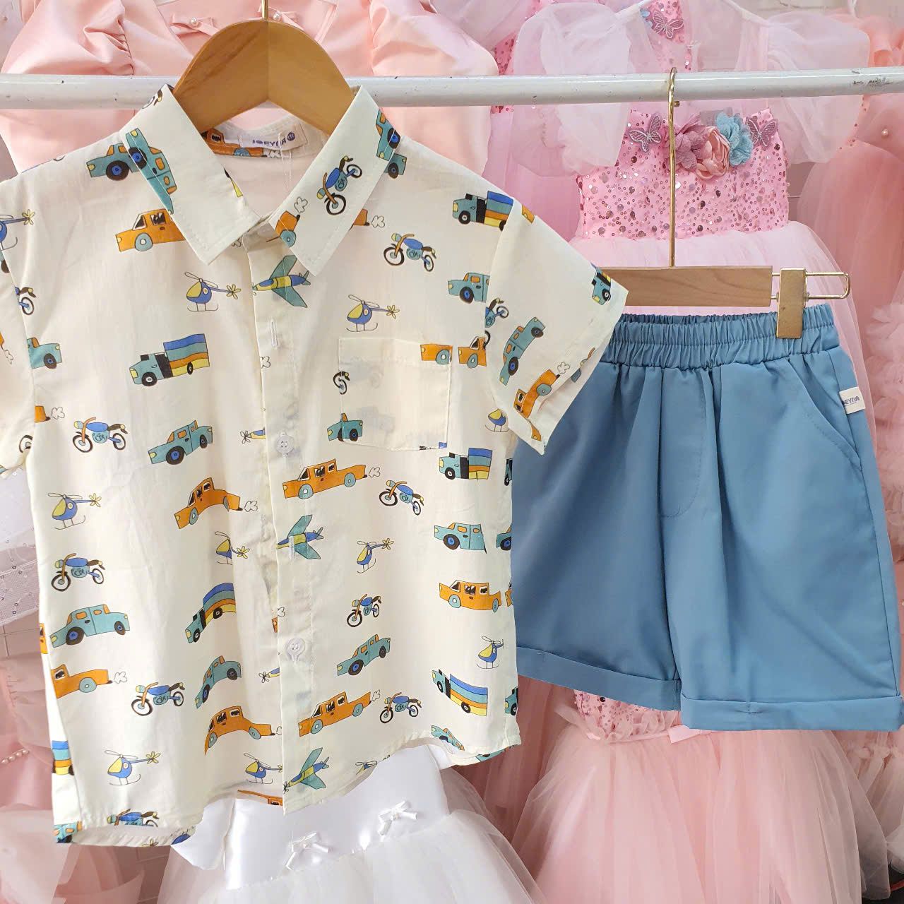 Set bộ bé trai áo sơ mi họa tiết ô tô máy bay S34 _ Beekids