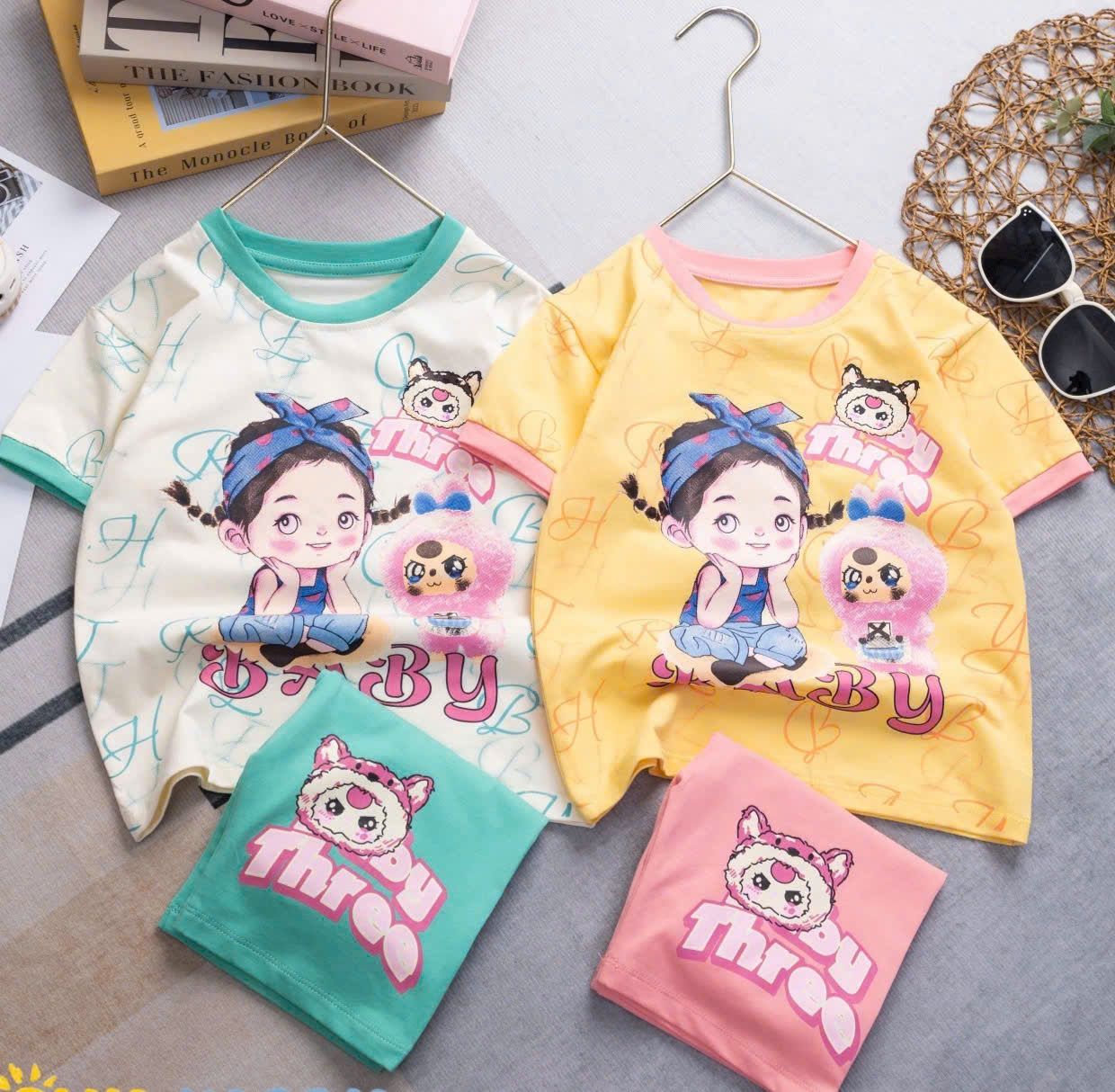 DB16 _ Bộ thun ngố bé gái họa tiết Baby Three cô gái dễ thương _ Beekids