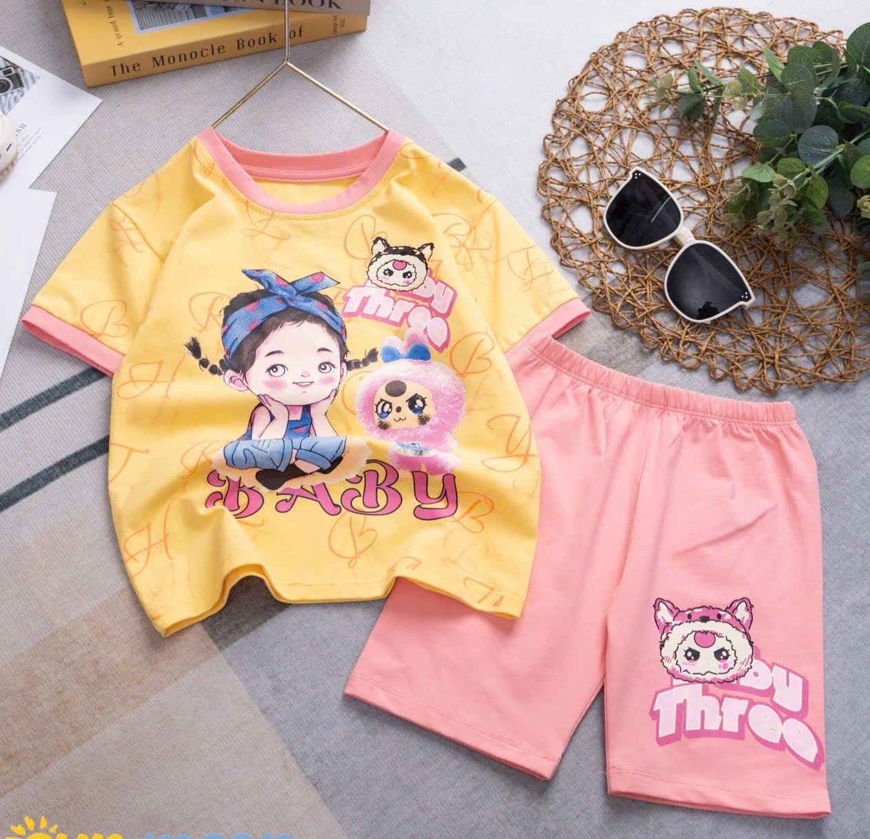 DB16 _ Bộ thun ngố bé gái họa tiết Baby Three cô gái dễ thương _ Beekids