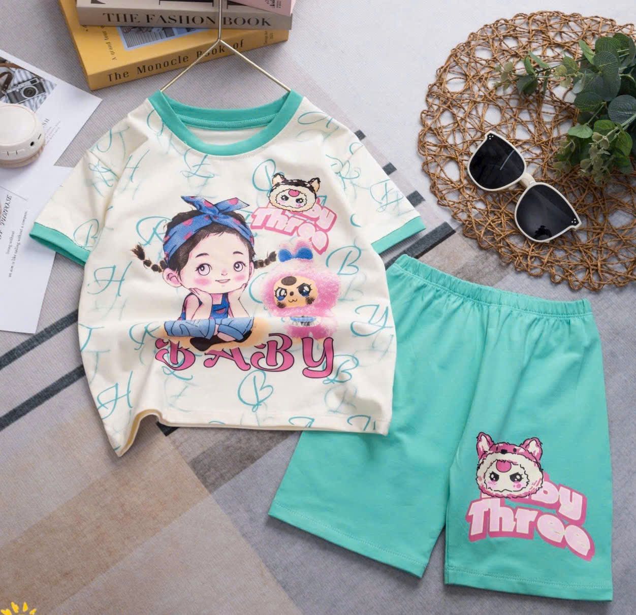 DB16 _ Bộ thun ngố bé gái họa tiết Baby Three cô gái dễ thương _ Beekids