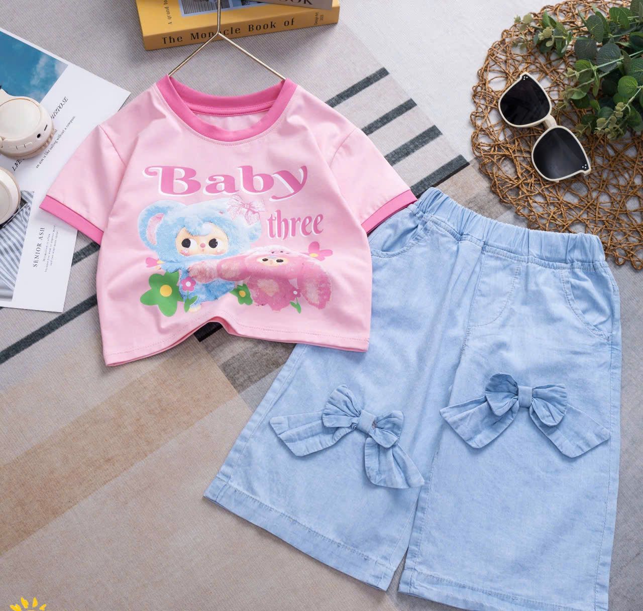 S39 _ Set quần jean ngố nơ áo thun baby three siêu dễ thương _ Beekids