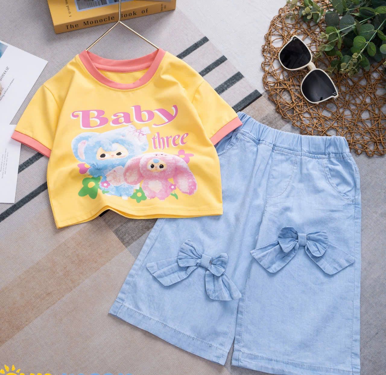 S39 _ Set quần jean ngố nơ áo thun baby three siêu dễ thương _ Beekids