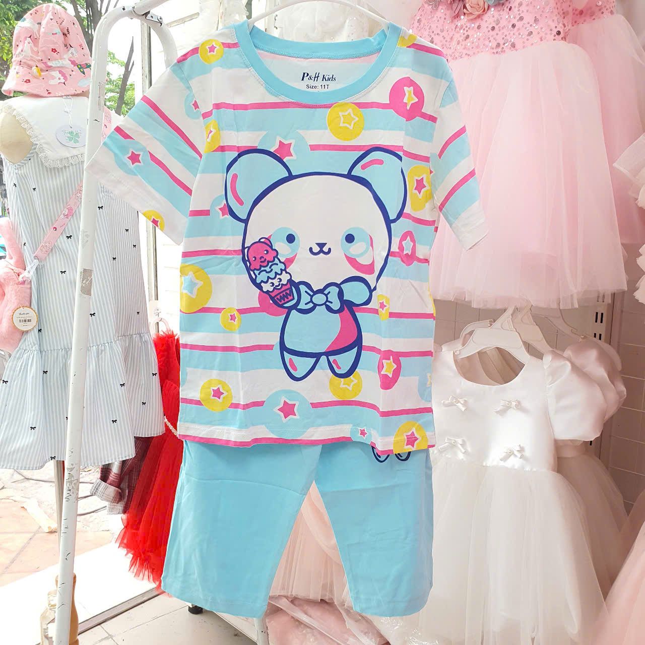 DB25 _ Đồ bộ lửng bé gái họa tiết gấu ngôi sao chất cotton mềm mát _ Beekids