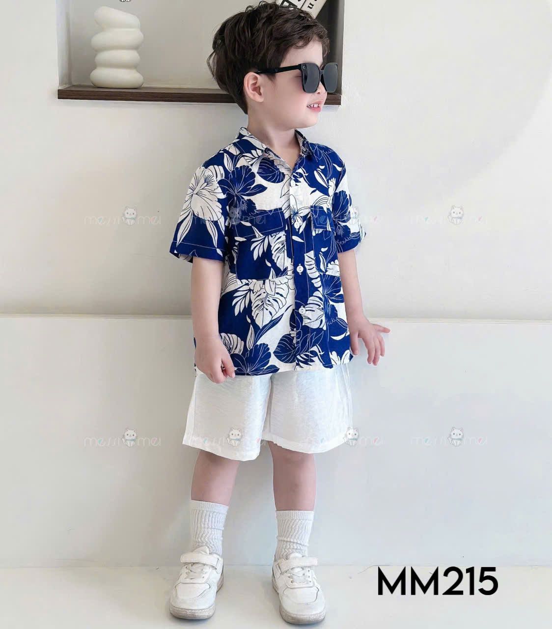 S40 _ Set bé trai mặc đi biển, du lịch áo sơ mi hoạ tiết lá cây phối quần ngắn _ Beekids