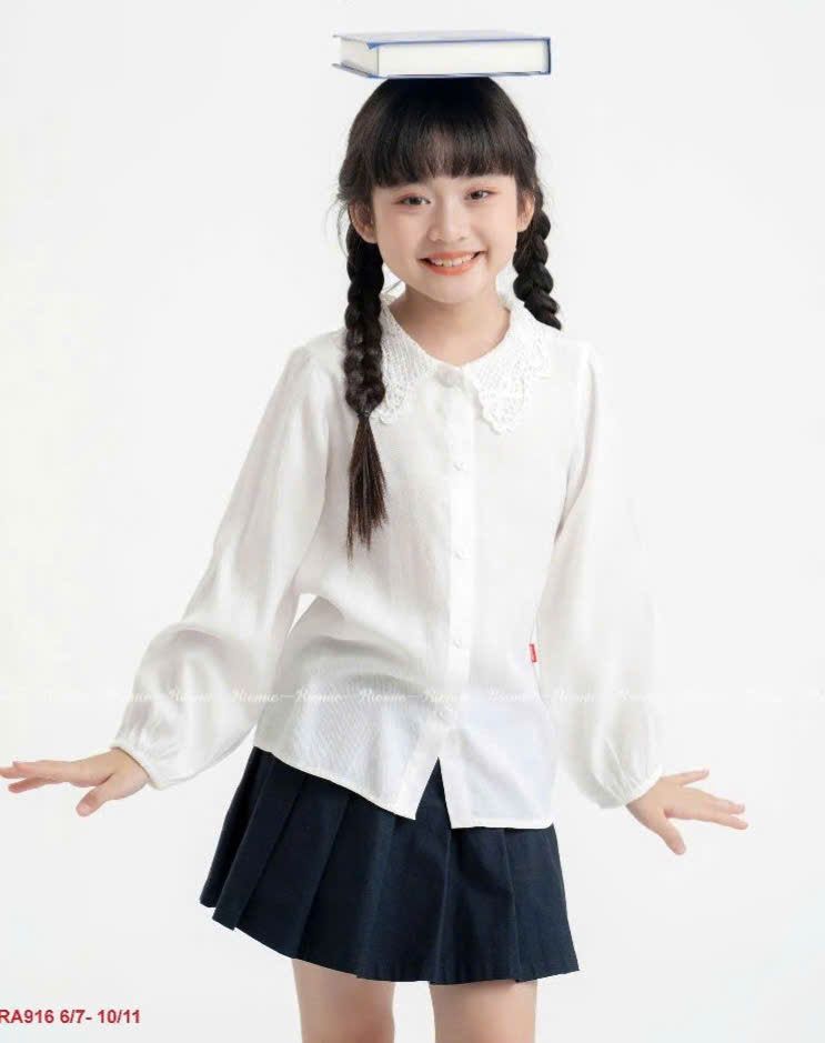 A01 _ Áo sơ mi trắng dài tay bé gái chất đũi xước siêu mềm mát, mịn màng _ Beekids