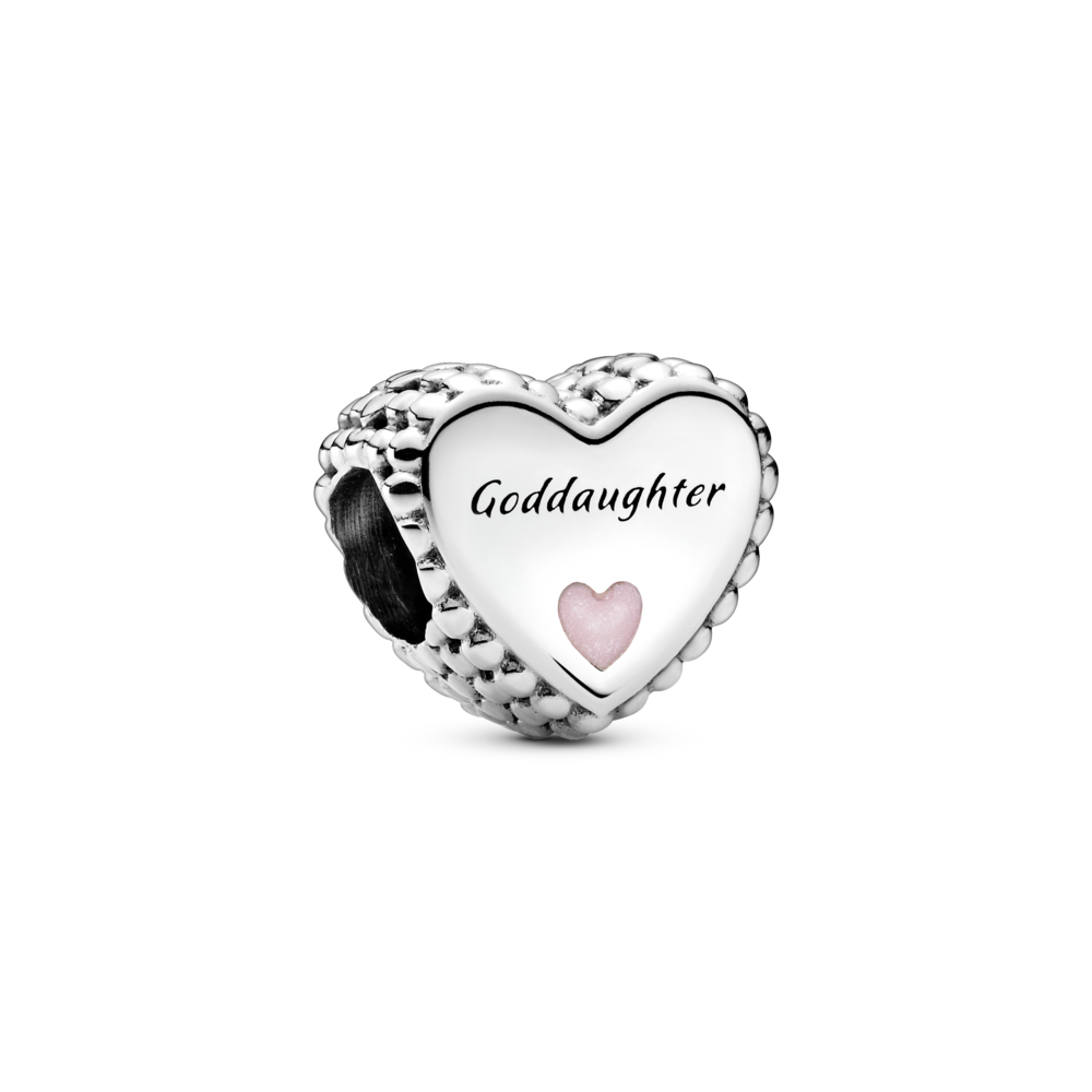Goddaughter heart sterling silver charm with shimmering pink enamel