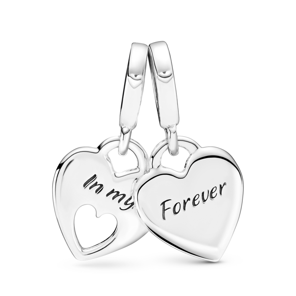 Mother and daughter hearts sterling silver split dangle with shimmering pink enamel