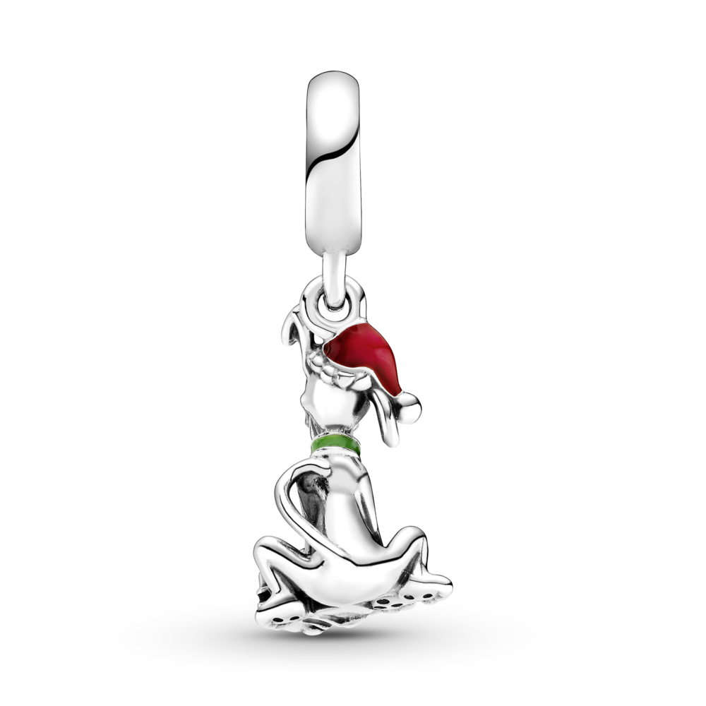 Disney Pluto and present sterling silver dangle with CZ, red and green enamel