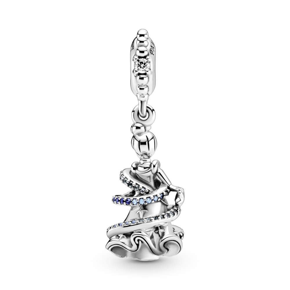 Disney Cinderella sterling silver dangle with fancy light blue and CZ, skylight blue and forever blue crystal