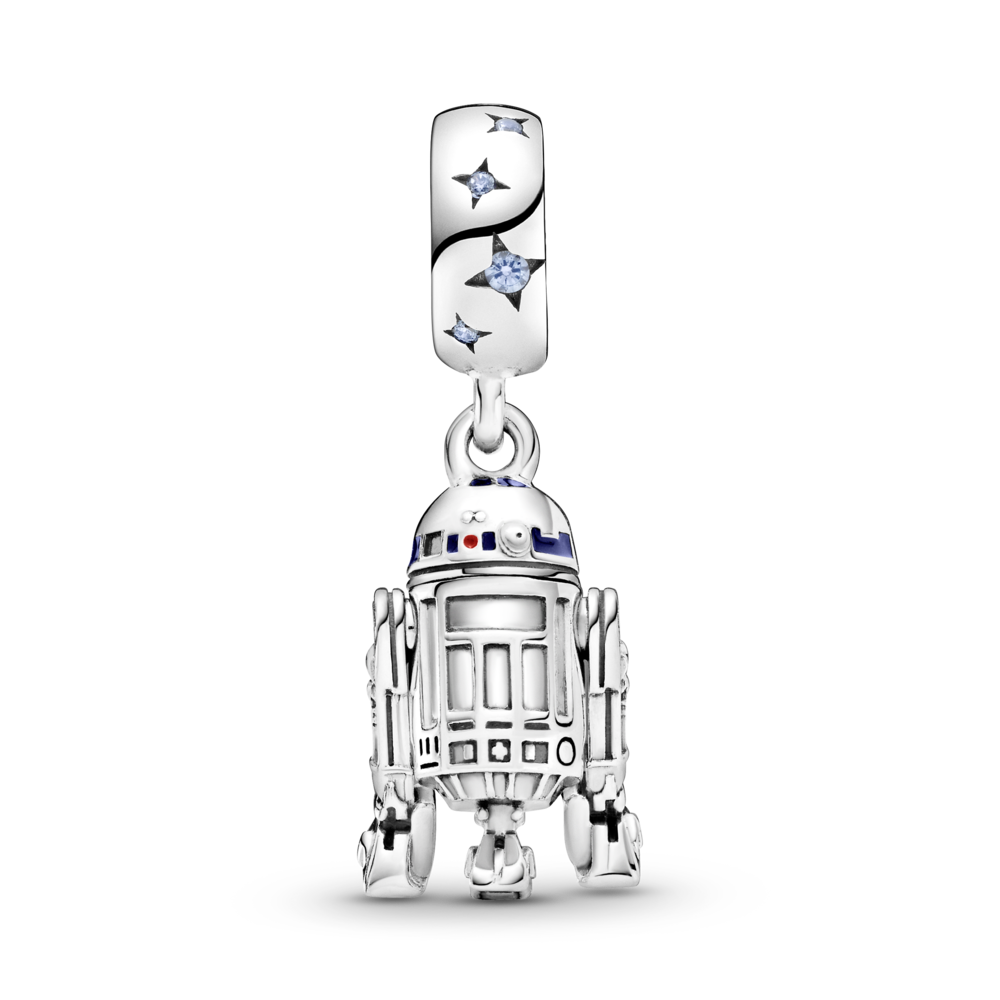 Star Wars R2D2 sterling silver dangle with fancy light blue CZ, blue, red and black enamel