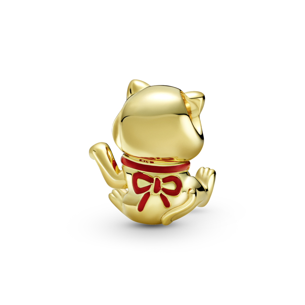 Fortune cat 14k gold-plated charm with red and black enamel