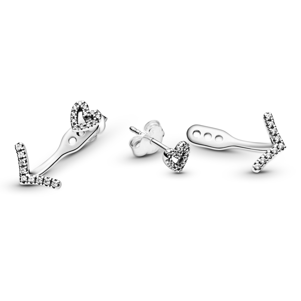 Heart sterling silver stud earrings with detachable wishbone earring jackets and CZ