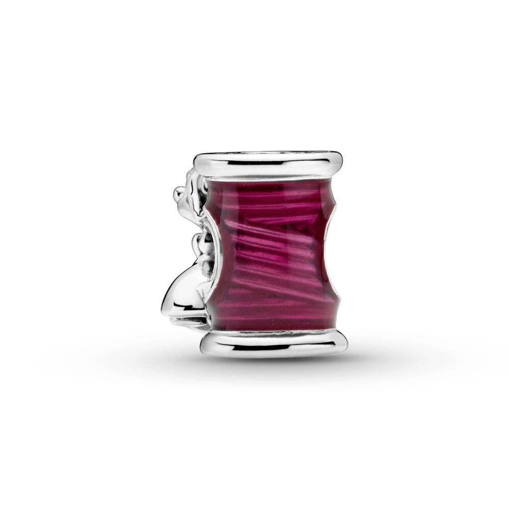 Disney Cinderella mouse, needle and thread sterling silver charm with transparent cerise enamel
