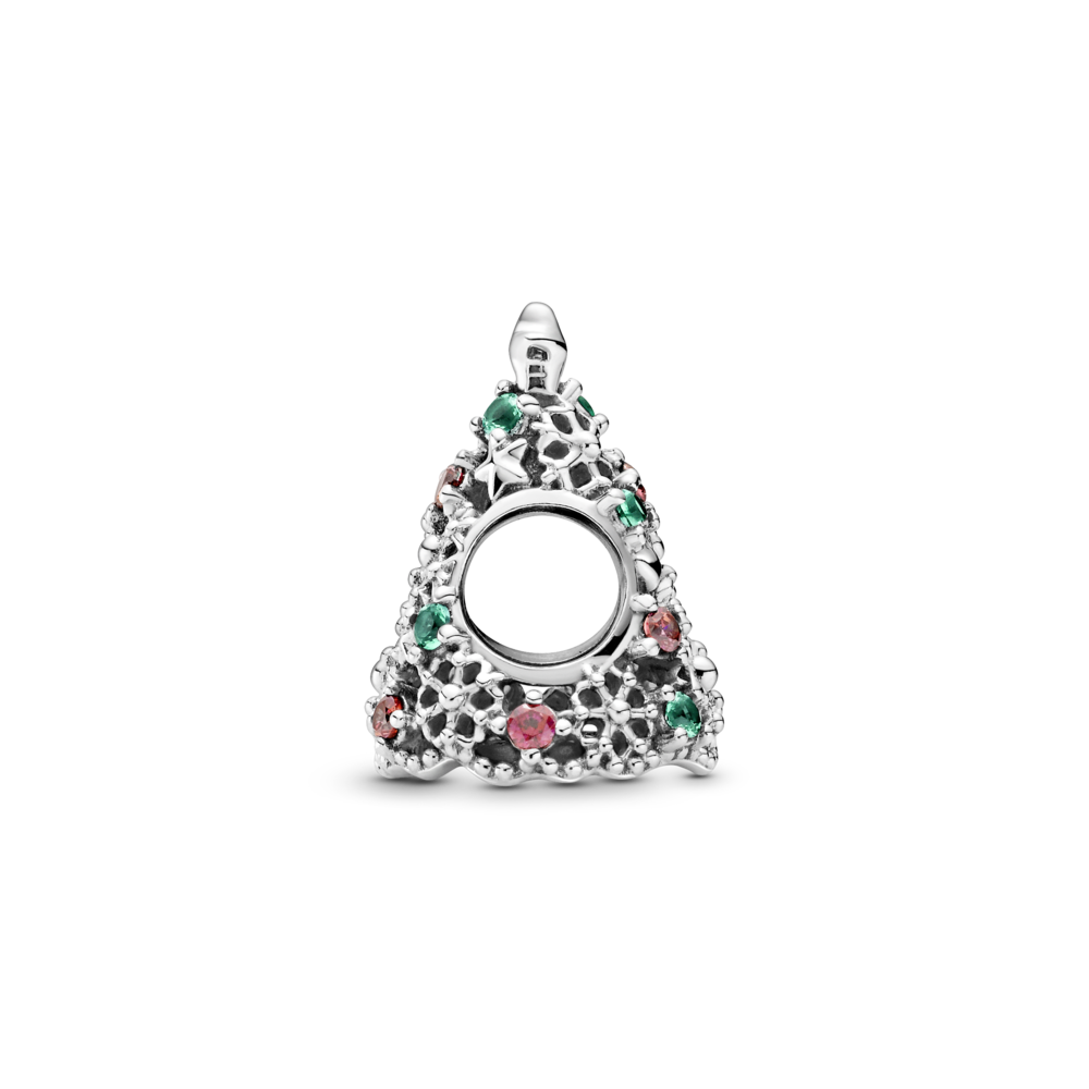 Christmas tree sterling silver charm with red CZ and aqua green crystal