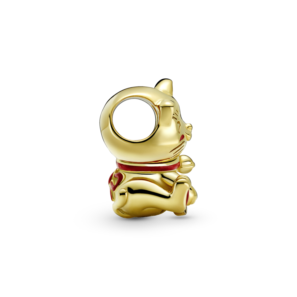Fortune cat 14k gold-plated charm with red and black enamel