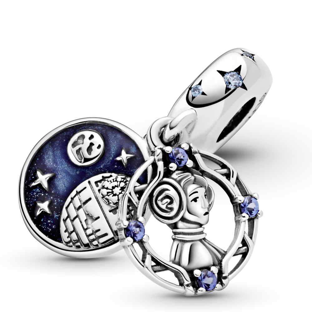 Star Wars Leia Organa sterling silver dangle with fancy light blue CZ, stellar blue crystal and blue enamel