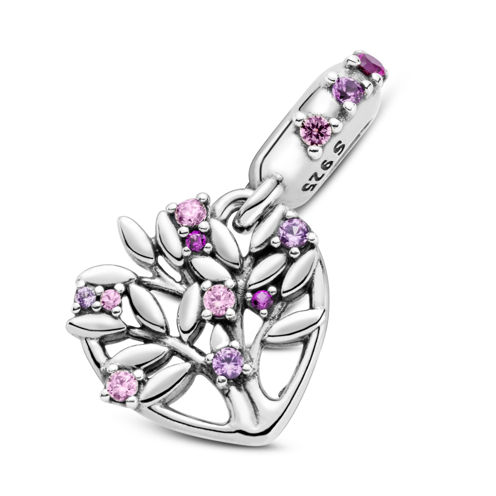 Family tree sterling silver dangle with fancy fairy tale pink CZ, synthetic pink sapphire and synthetic ruby