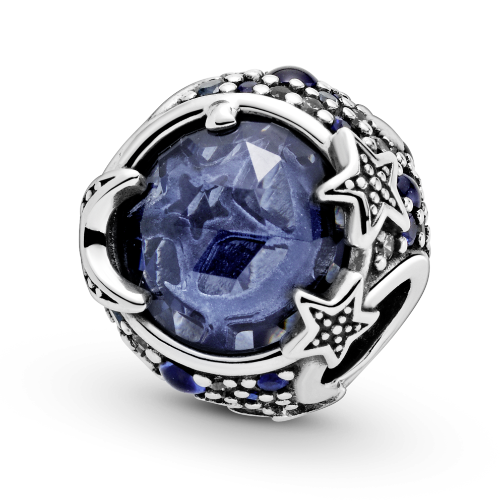 Crescent moon and star sterling silver charm with skylight blue, stellar blue, true blue and icy blue crystal and CZ