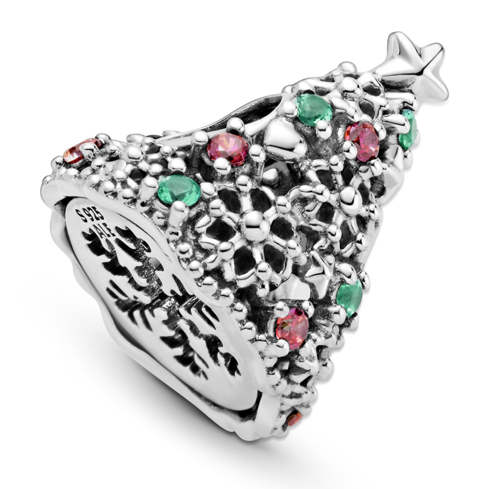 Christmas tree sterling silver charm with red CZ and aqua green crystal
