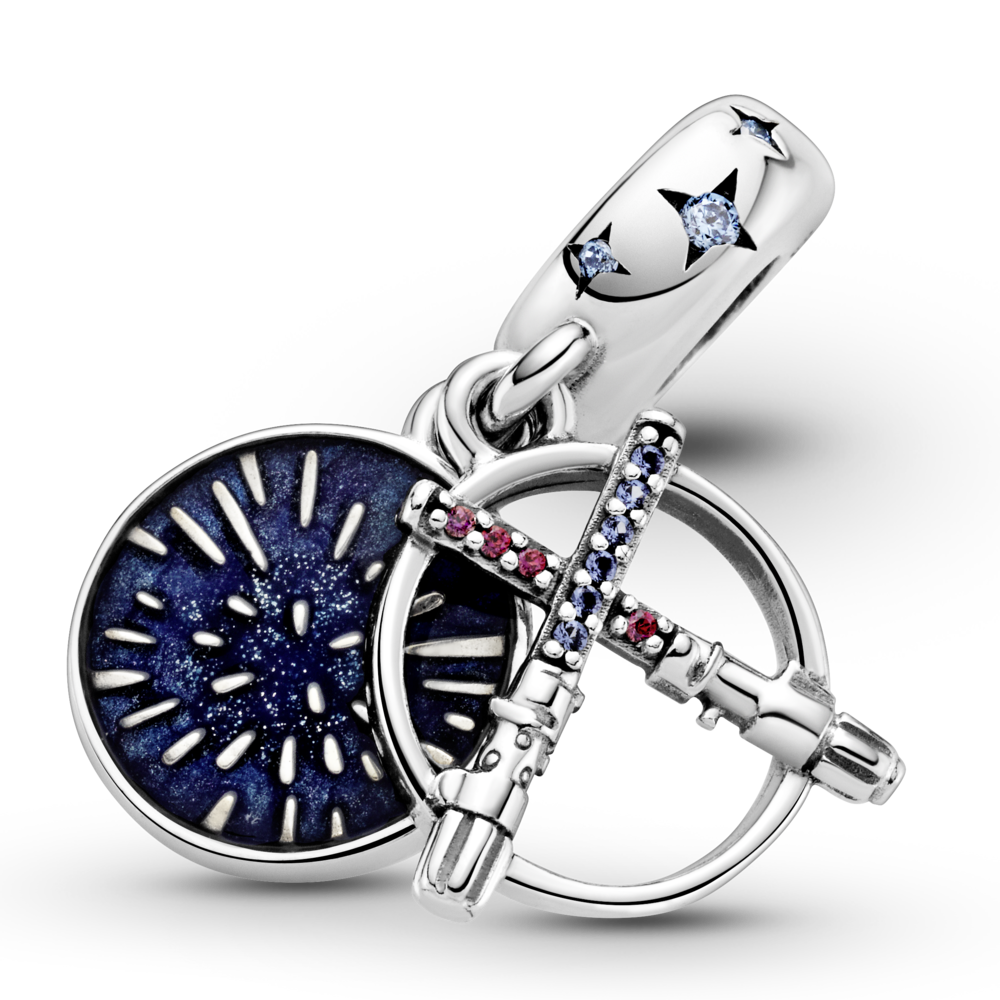 Star Wars lightsabers silver dangle with skylight blue crystal, fancy light blue and red CZ and shimmering blue enamel