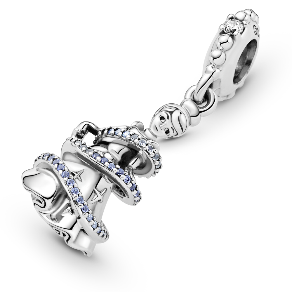 Disney Cinderella sterling silver dangle with fancy light blue and CZ, skylight blue and forever blue crystal