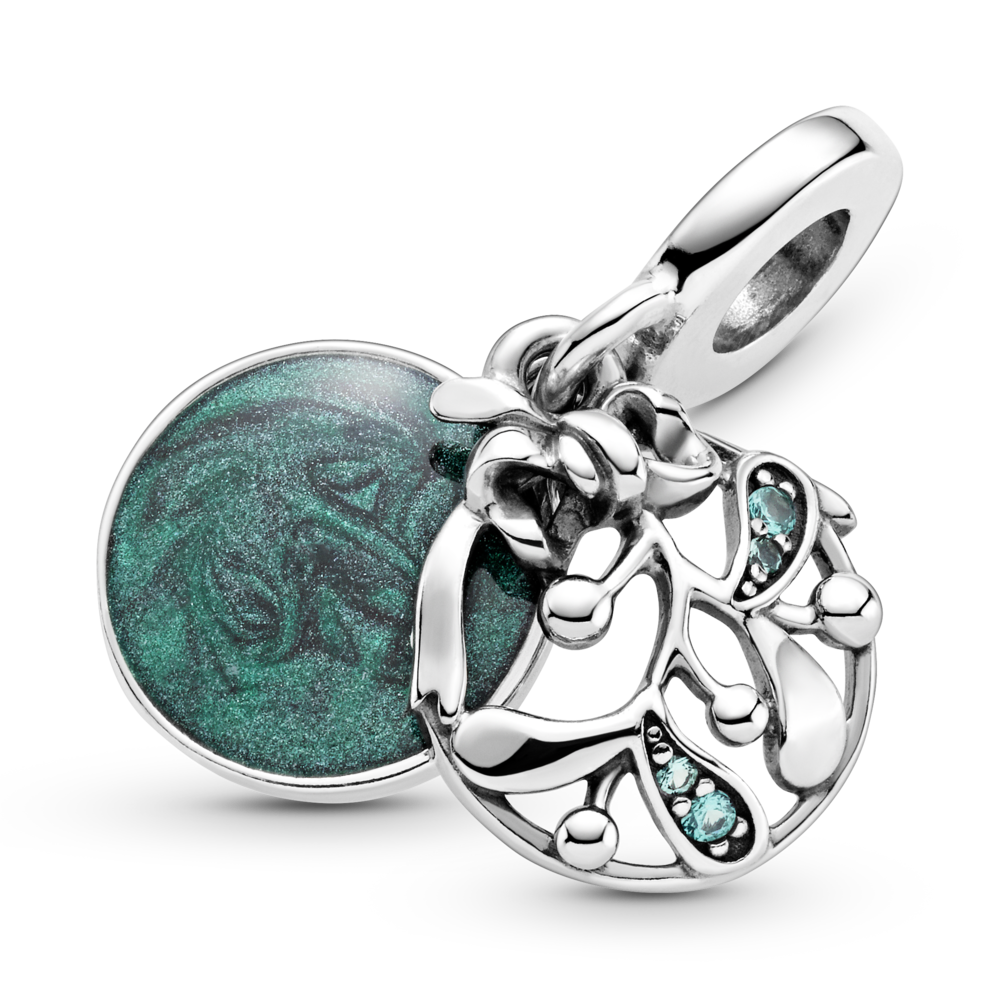 Misteltoe sterling silver dangle with aqua green crystal and shimmering green enamel