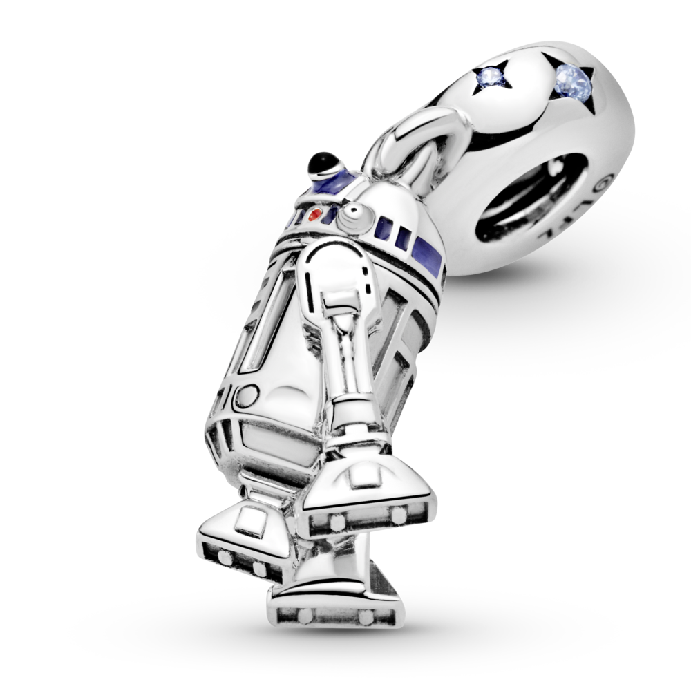 Star Wars R2D2 sterling silver dangle with fancy light blue CZ, blue, red and black enamel
