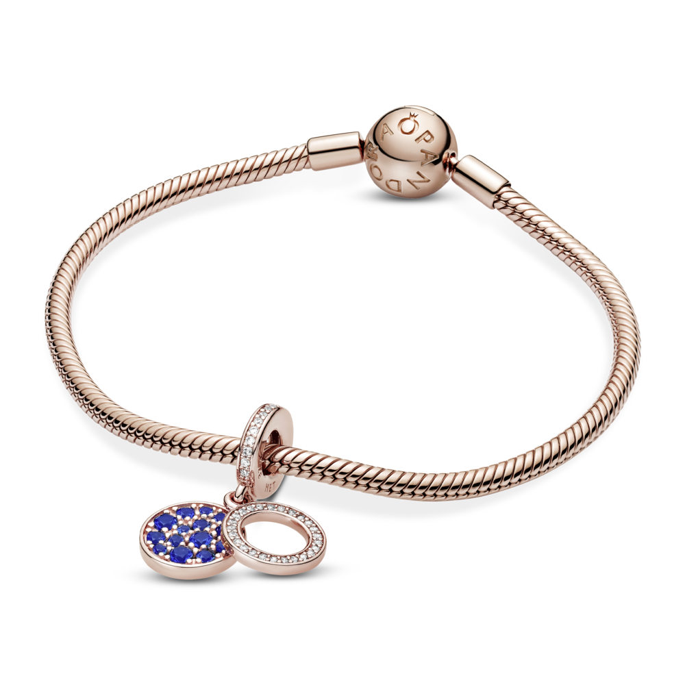Circle and disc 14k rose gold-plated dangle with CZ and stellar blue crystal