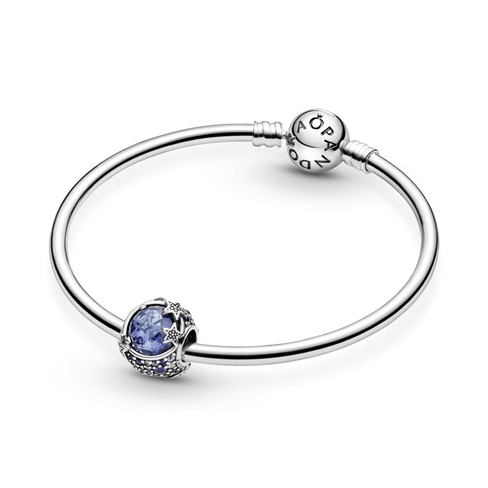 Crescent moon and star sterling silver charm with skylight blue, stellar blue, true blue and icy blue crystal and CZ