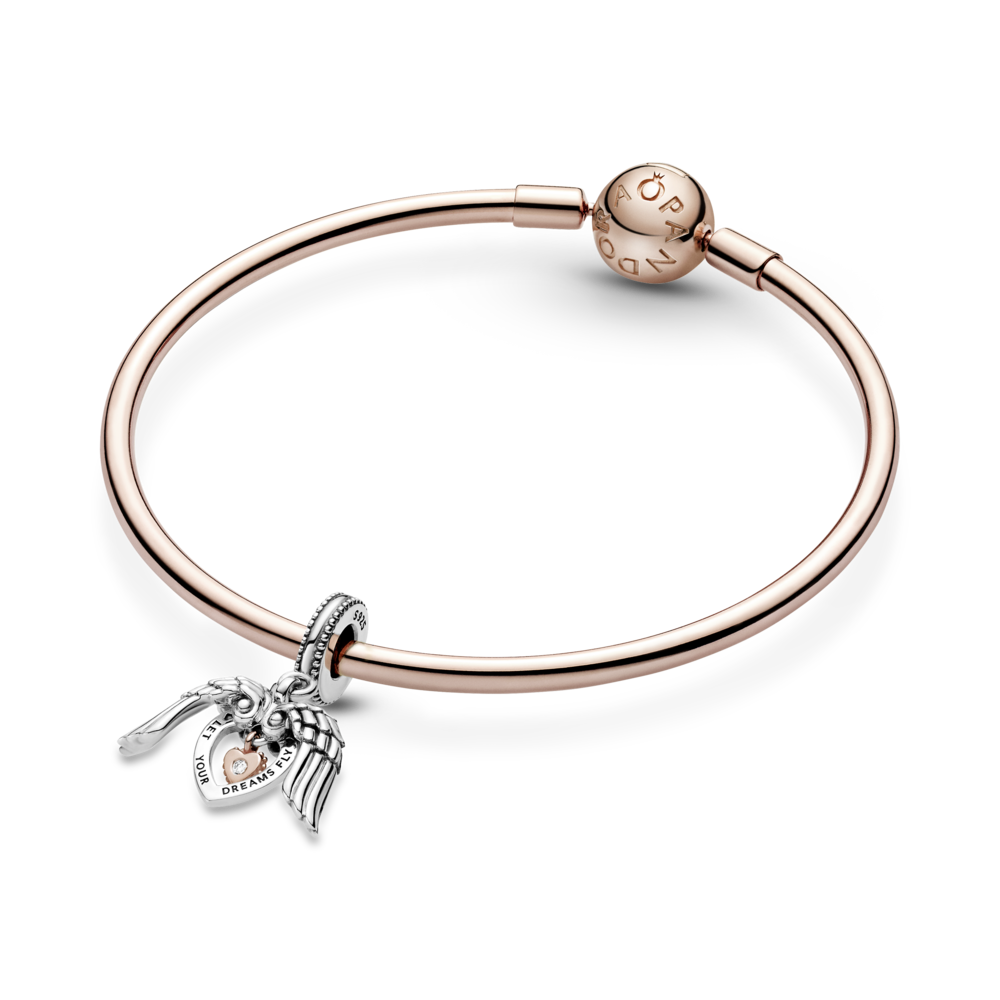 Heart and wings sterling silver and 14k rose gold-plated dangle with 0.009 ct TW GHI SI1+ round brilliant-cut man-made diamond