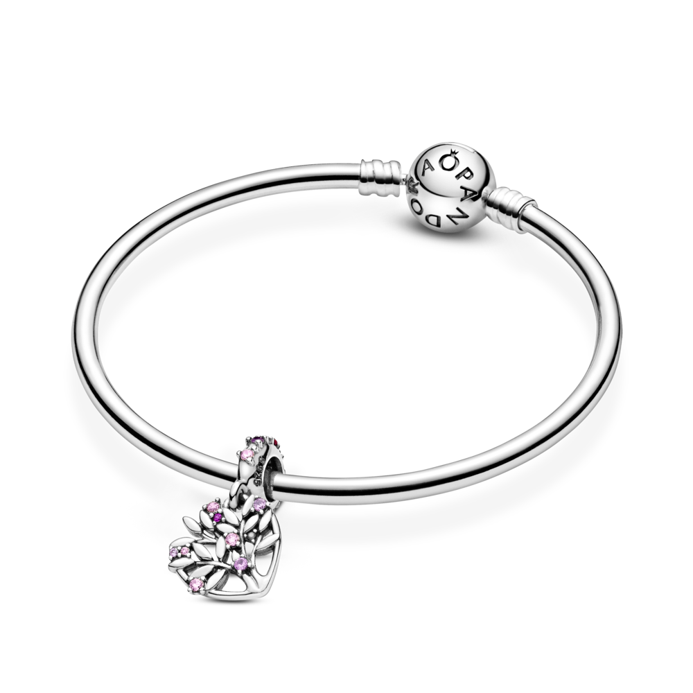 Family tree sterling silver dangle with fancy fairy tale pink CZ, synthetic pink sapphire and synthetic ruby