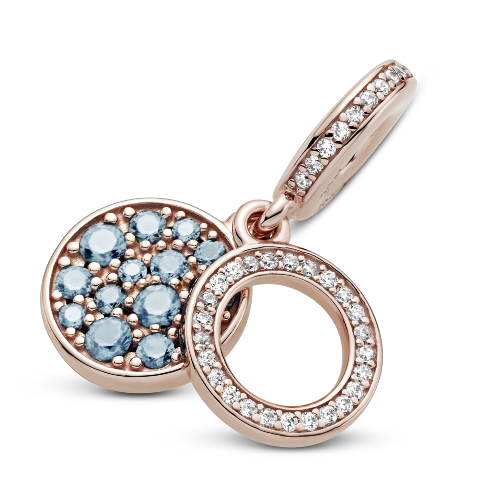 Circle and disc Panndora Rose dangle with icy blue and bleached aqua blue crystal and CZ