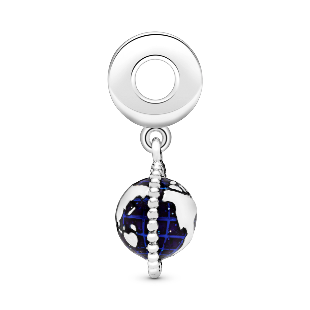 Globe silver dangle with CZ and blue enamel