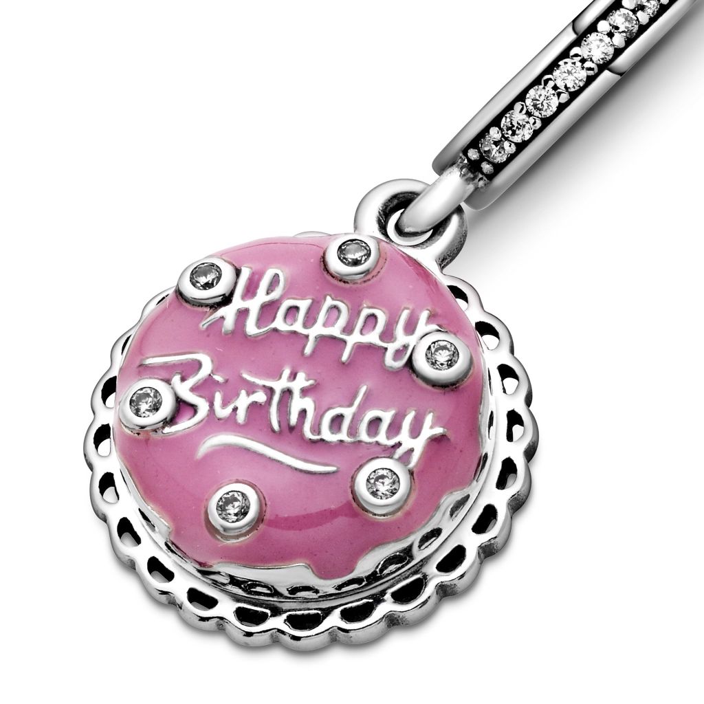 Birthday cake sterling silver dangle with CZ and pink enamel