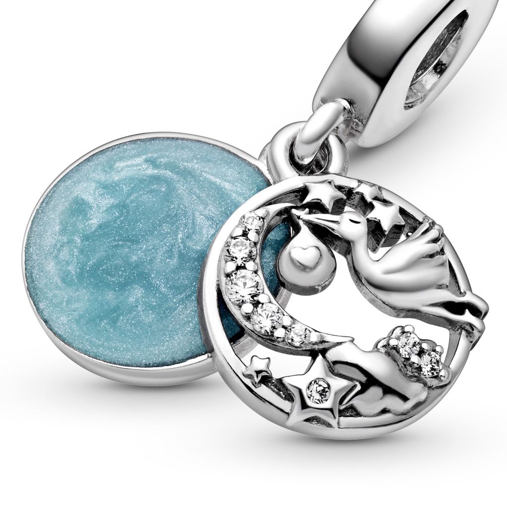 Stork sterling silver dangle with CZ and shimmering blue enamel