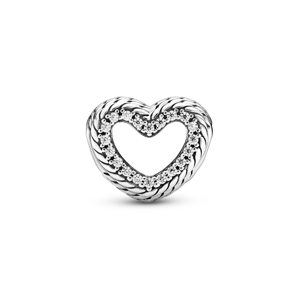 Snake chain pattern heart sterling silver charm with CZ