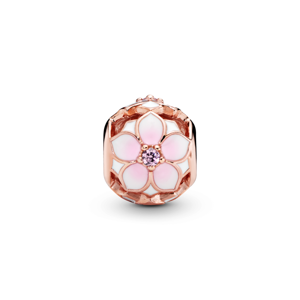 Magnolia 14k rose gold-plated charm with blush pink crystal, white and shaded pink enamel