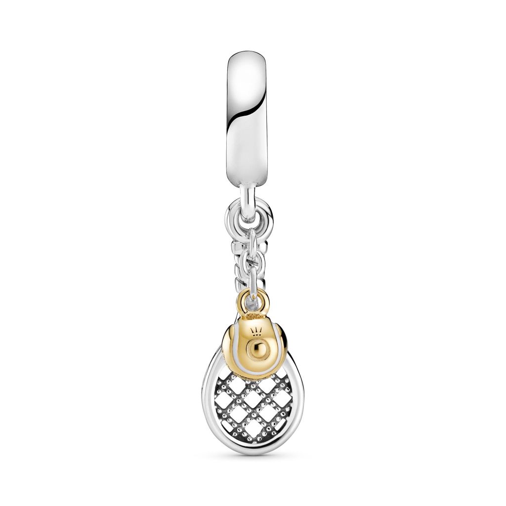 Tennis racket and ball sterling silver and 14k gold-plated dangle with white enamel