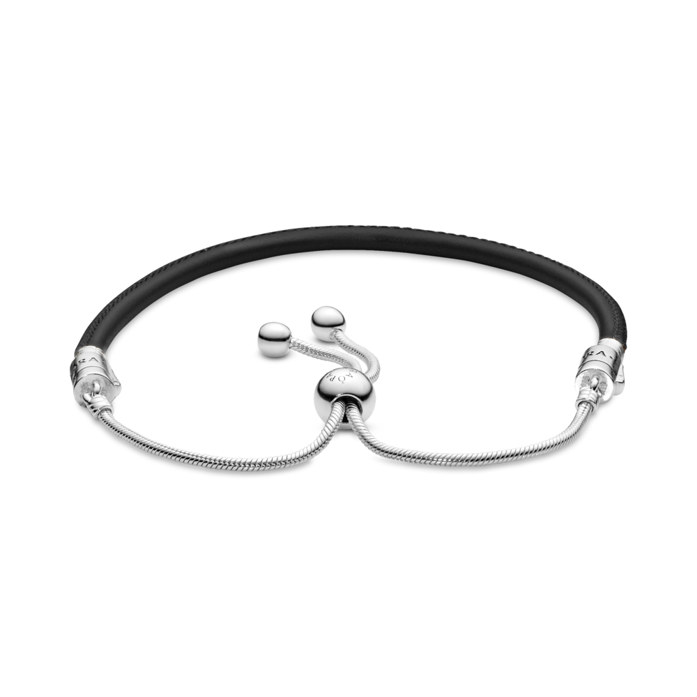 Silver sliding bracelet with black leather and CZ