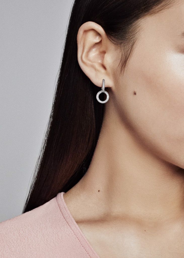 Pandora logo and circles sterling silver hoop earrings with CZ