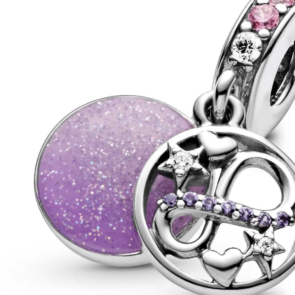 Infinity sterling silver dangle with purple and pink crystal, CZ, pink, lavender and silvery glitter enamel